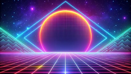 Retro background futuristic landscape 1980s style. Vector perspective grid. 80s sci-fi or game style. Retro neon background