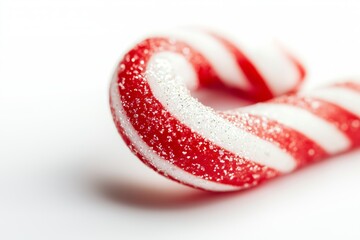 Close-up of a Christmas lollipop on a white background. Christmas caramel in red and white design. Free space for text