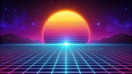 Retro background futuristic landscape 1980s style. Vector perspective grid. 80s sci-fi or game style. Retro neon background