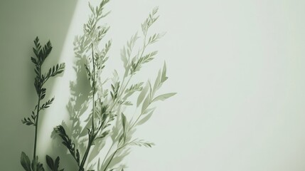 Naklejka premium Soft light illuminates delicate green plants casting shadows on a white background.