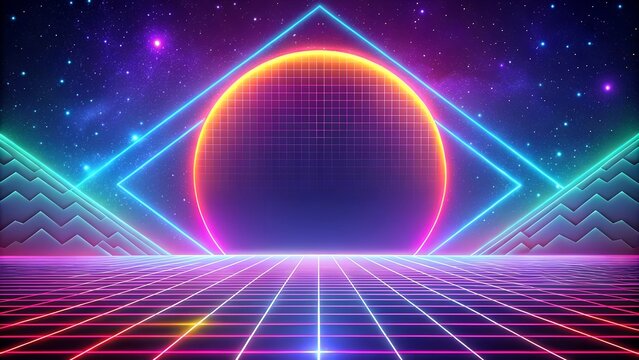 Retro background futuristic landscape 1980s style. Vector perspective grid. 80s sci-fi or game style. Retro neon background - Powered by Adobe