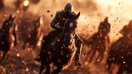 Fototapeta premium A group of mounted knights, silhouetted against a fiery backdrop, charge into battle