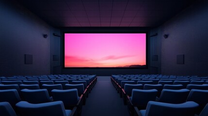 Empty Movie Theater Interior with Vibrant Pink Sunset Projection