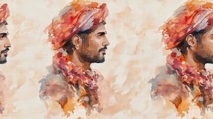 Hand drawn watercolor portrait of an Indian man in traditional clothing seamless pattern design