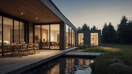 Obraz premium AI-generated Modern House with Scandinavian-Dutch country design, featuring natural materials and sleek architecture, set in diverse landscapes for high-quality, tranquil stock imagery