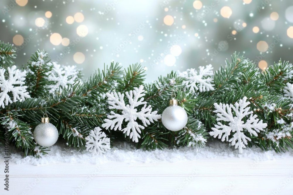 Poster empty white wooden table top with blurred christmas background with bokeh lights and copy space
