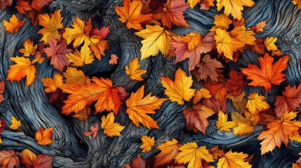 Seamless pattern of a fallen tree trunk surrounded by vibrant autumn leaves featuring a hollow perfect for wildlife ideal for fabric designs and nature themed decor