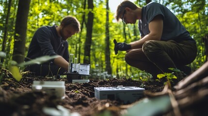 Scientists analyze soil samples in a wooded area for environmental research