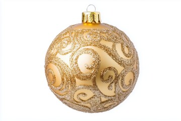 A gold Christmas tree ball with a gold glitter pattern is isolated on a white background. Christmas decoration. New Year and Christmas holidays. Close-up