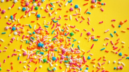 A vibrant scattering of colorful sprinkles on a bright yellow background, capturing the essence of joy and celebration.