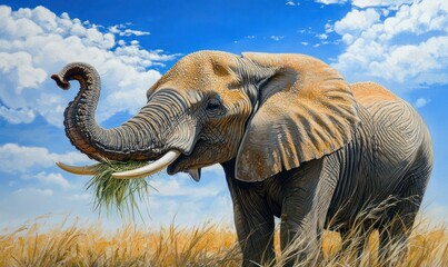 Obraz premium An elephant with its trunk raised, eating grass in the savannah