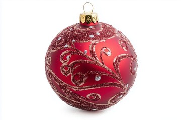 A red Christmas tree ball with a gold glitter pattern is isolated on a white background. Christmas decoration. New Year and Christmas holidays. Close-up