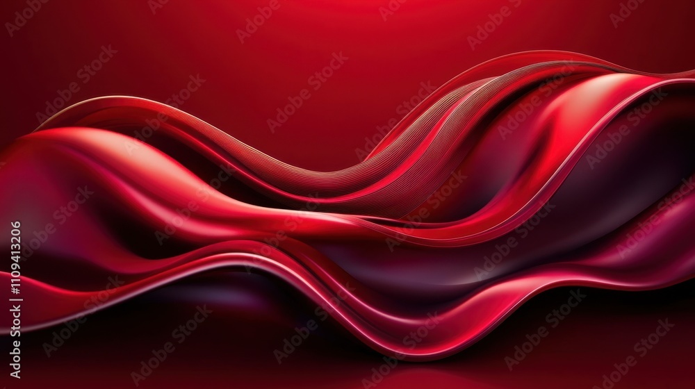 Poster shiny red wavy lines create a flowing geometric design over a dark red backdrop, symbolizing futuris