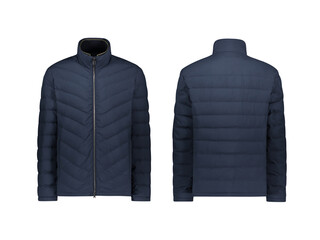 Blue winter jacket, front and back view, transparent background