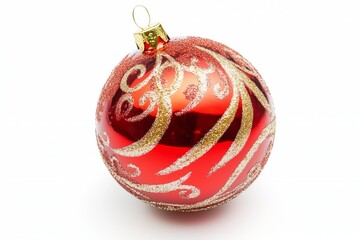 A red Christmas tree ball with a gold glitter pattern is isolated on a white background. Christmas decoration. New Year and Christmas holidays