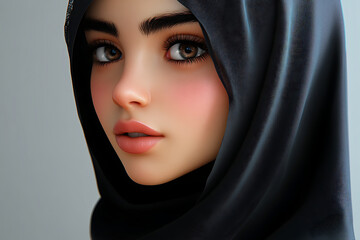 Naklejka premium A close-up portrait of a young woman wearing a black hijab, showcasing her expressive features.