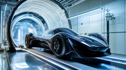 Testing aerodynamics of a new car in a wind tunnel facility focused on performance and efficiency