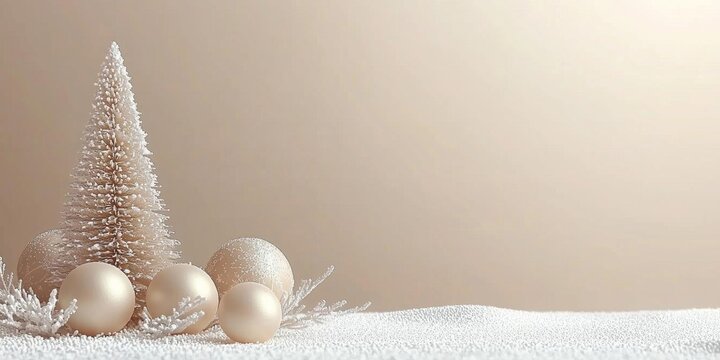 Minimalistic christmas beige background with christmas tree and balls, with space for text, new year decorations , isolated on white background,  , copy space, copy space for text,