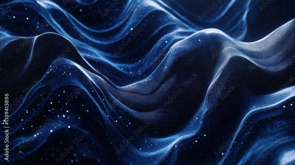 Poster soft glowing wave lines flow seamlessly across a dark blue background, creating a calming yet futuri
