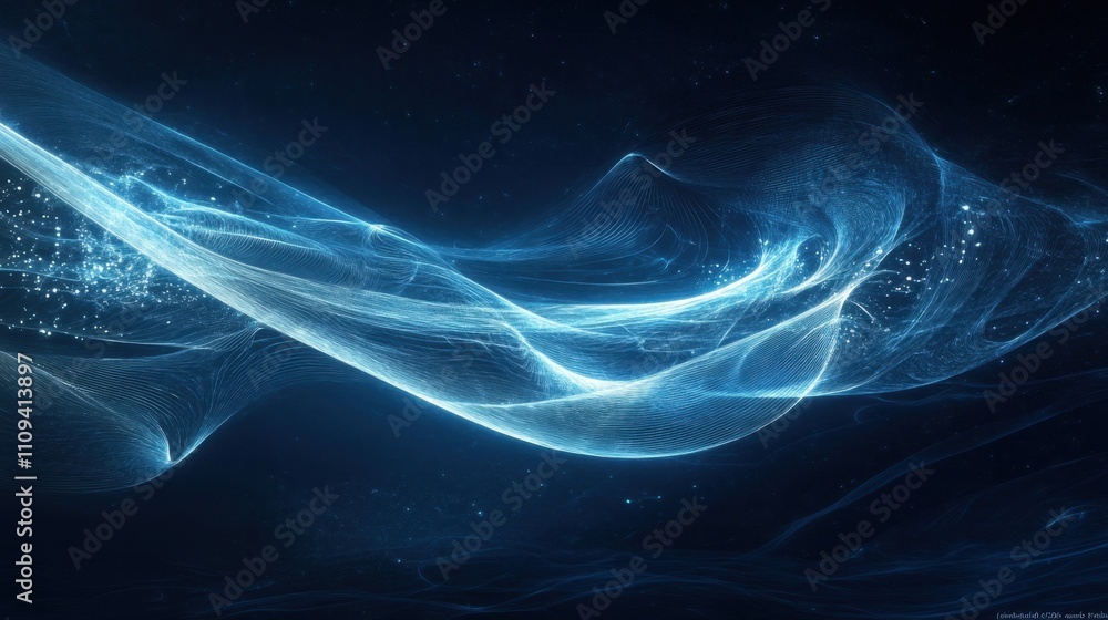 Poster soft glowing wave lines flow seamlessly across a dark blue background, creating a calming yet futuri