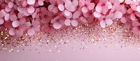 Obraz premium Pink festive flat lay with confetti and sparkles Vertical photo , isolated on white background, , copy space, copy space for text,