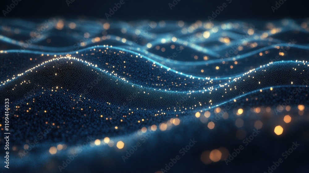 Poster soft glowing wave lines flow seamlessly across a dark blue background, creating a calming yet futuri