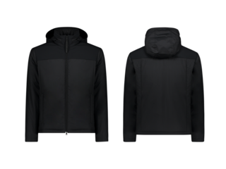 Black winter jacket, front and back view, transparent background