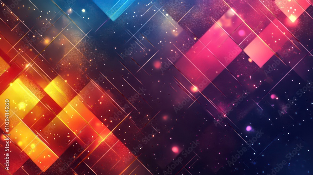 Poster abstract vibrant geometric background with glowing rhombus shapes and sparkling particles.