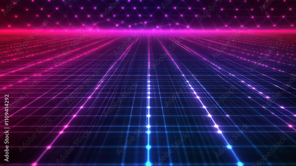 Poster abstract grid background with glowing lines and nodes in pink and blue.