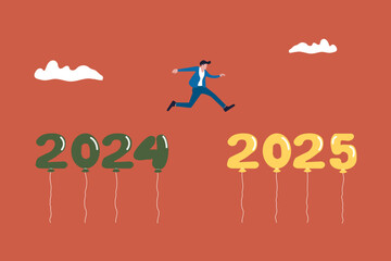 Businessman jump cross the gap from year 2024 to 2025. Happy new year 2023 hope for business success, opportunity, career, and enjoy life