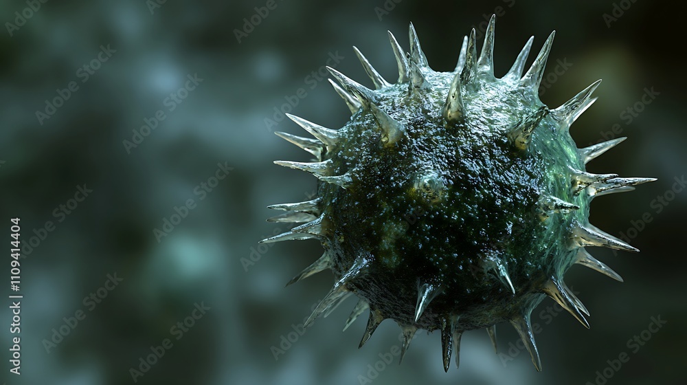 Poster detailed representation of a virus highlighting its spiked structure in a microscopic view during a 