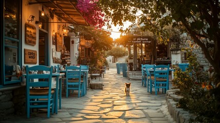 Sunset view of a cat walking down a narrow cobblestone street lined with outdoor cafes.