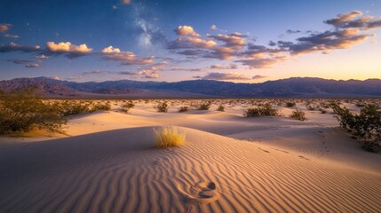 Fototapeta premium Stars twinkle brightly over smooth desert dunes during a calm twilight, showcasing natural beauty in a remote location