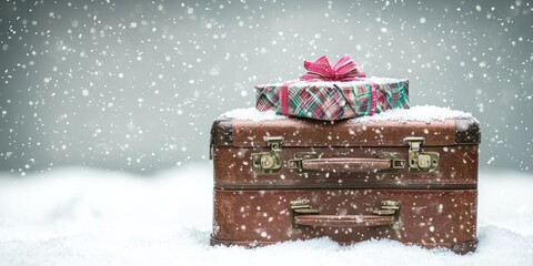suitcase ready for holiday adventures amidst a snowy backdrop