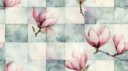 Romantic checkered watercolor pattern featuring magnolia flowers ideal for print and textile design scrapbooking and creative projects