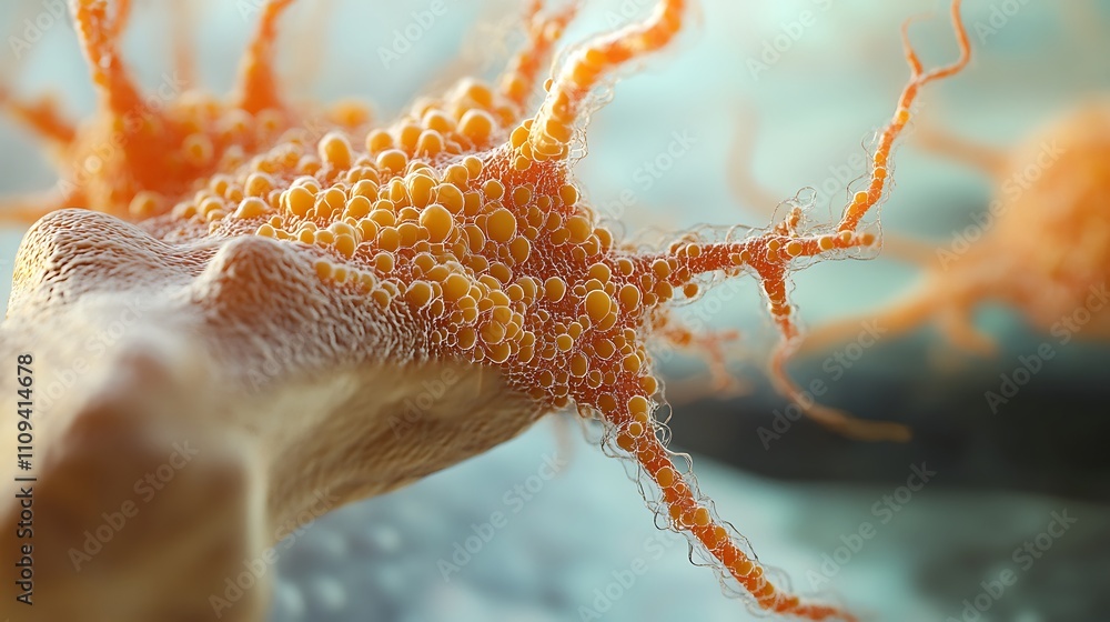 Poster detailed view of neuron connections showcasing synaptic structures and complex interactions in neura