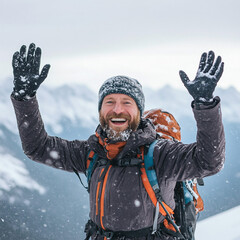 Man hiking in the snow at the mountain peak, happy and excited. 
