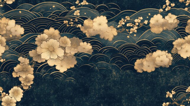 Japanese style seamless pattern featuring intricate designs and an empty square text area for customizable content