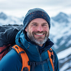 Portrait of man hiker during a snowy hike.
