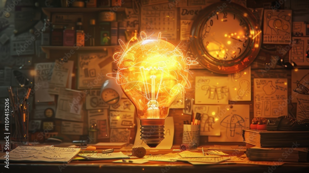 Poster a glowing light bulb surrounded by sketches and notes in a creative workspace.