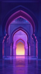 Fototapeta premium Mystical Arched Hallway with Luminous Gradient Purple and Pink Glow