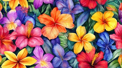 Fototapeta premium Floral seamless pattern featuring vibrant watercolor stickers of exotic tropical flowers perfect for graphic design and print applications