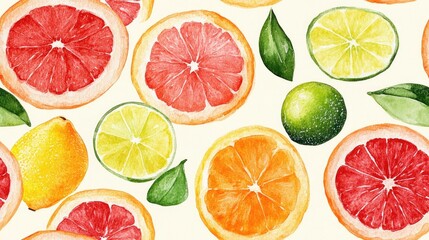 Fototapeta premium Seamless watercolor pattern of citrus fruit slices including lemon grapefruit orange and lime on a light background ideal for textiles and packaging design