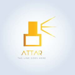 perfume logo, perfume shop, Luxury perfume, line logo, vintage bottle, yellow color, elegant perfume, attar logo, creative logo, spray, silver background