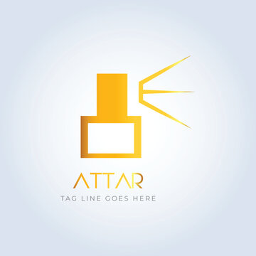 perfume logo, perfume shop, Luxury perfume, line logo, vintage bottle, yellow color, elegant perfume, attar logo, creative logo, spray, silver background