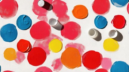 Seamless pattern featuring a vibrant palette and paintbrush on a white circle with a dramatic long shadow ideal for art and design projects