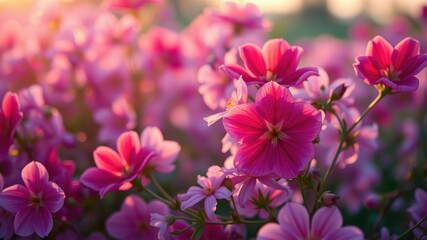 Obraz premium A field of vibrant pink flowers bask in the golden light of the setting sun, showcasing the delicate beauty of nature.