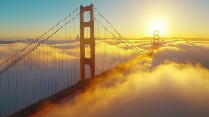 Obraz premium Sunrise lights up the Golden Gate Bridge amidst a blanket of fog, blending vibrant and muted tones