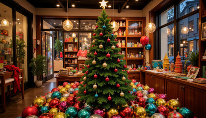 Festive holiday spirit fills a cozy shop with a beautifully decorated Christmas tree and colorful ornaments