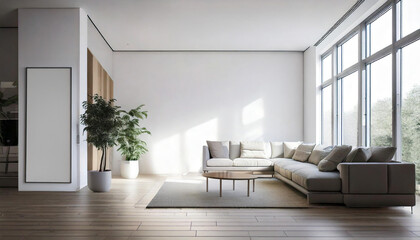 Modern apartment with bright lighting ,clean design, minimal white wall